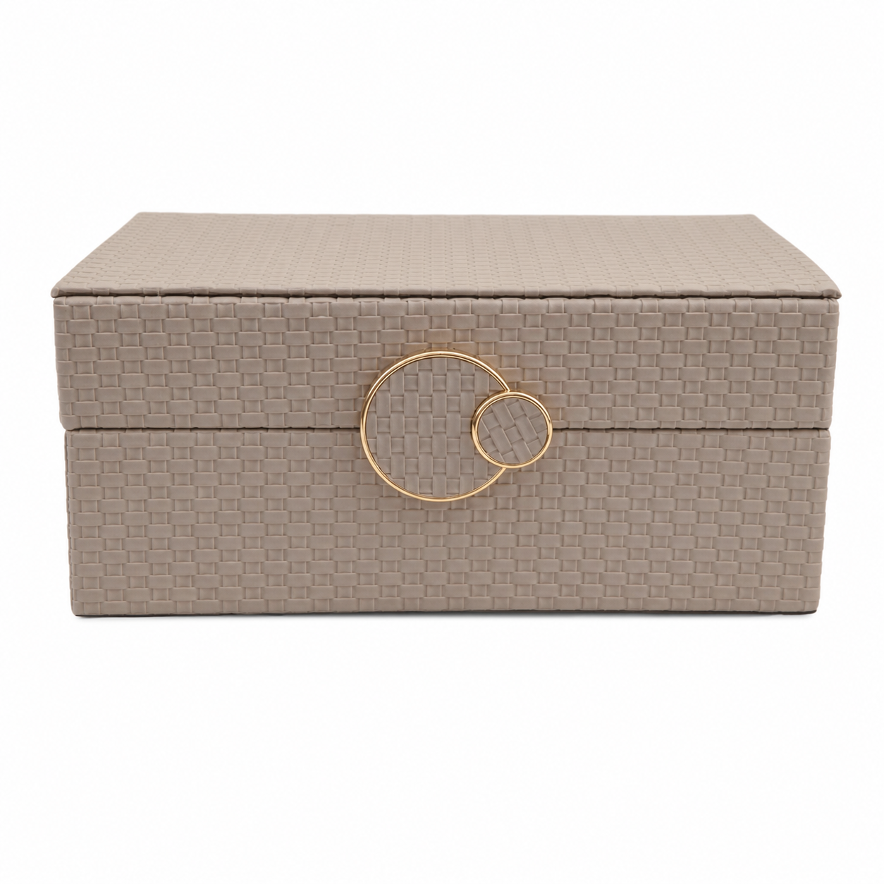 533300 - CAIXA DECORATIVO EM MADEIRA COM REVESTIMENTO BEGE EM PU E METAL DOURADO P