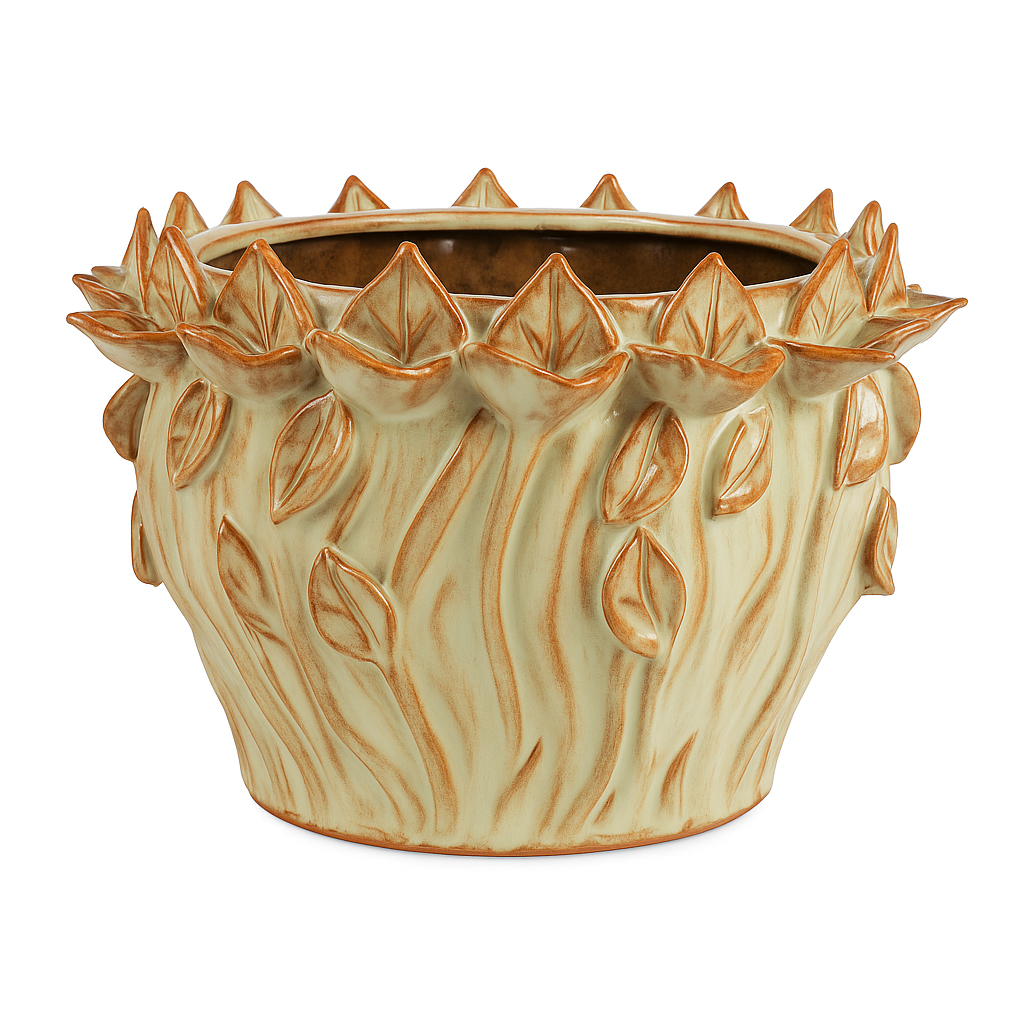 83518 - VASO EM CERAMICA VERDE CLARO COM DETALHES BEGE E FLORES P