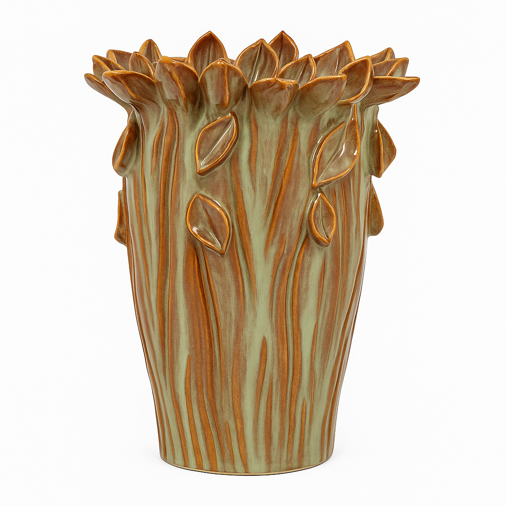 83519 - VASO EM CERAMICA VERDE CLARO COM DETALHES BEGE E FLORES G