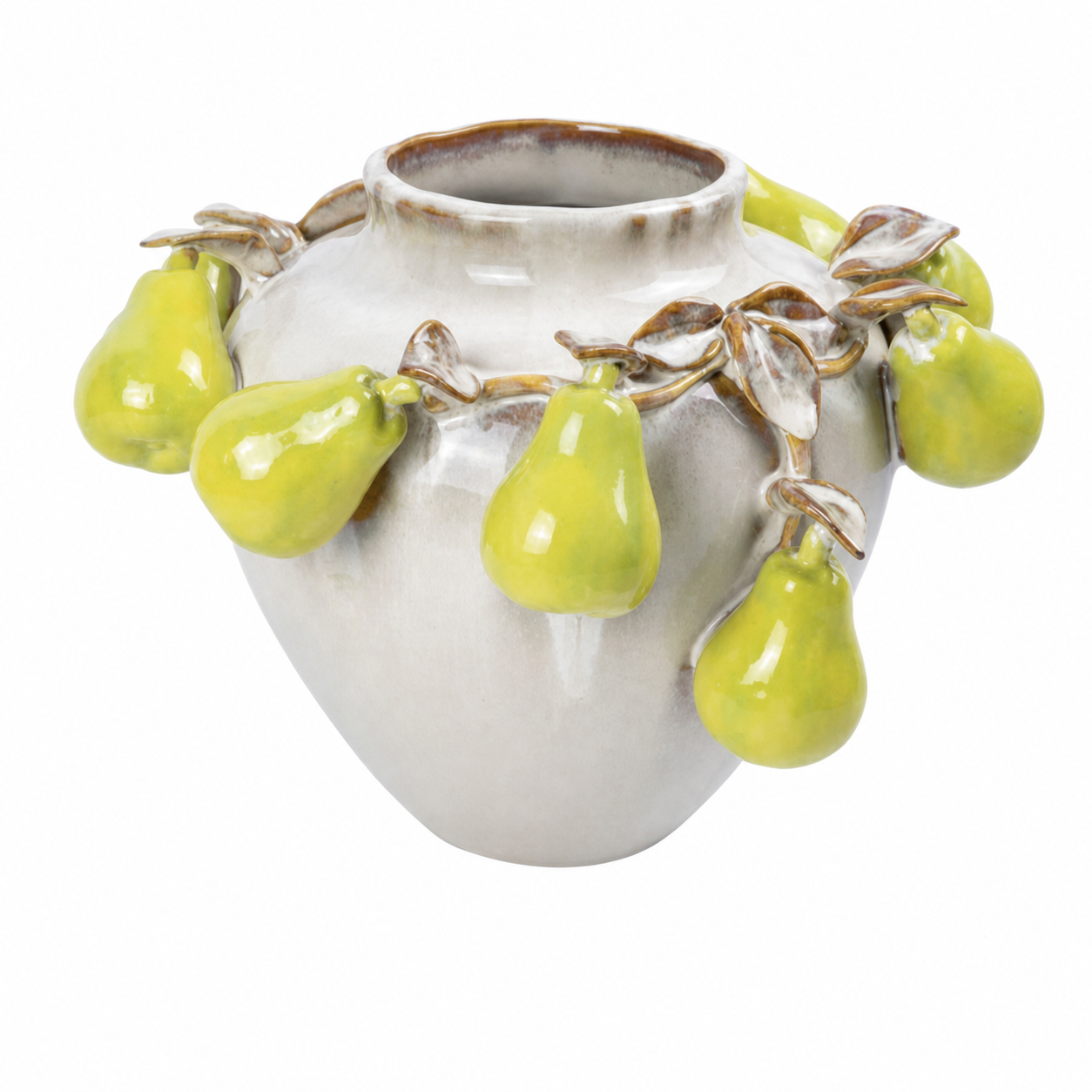 83509 - VASO EM CERAMICA BEGE COM PERAS VERDES P