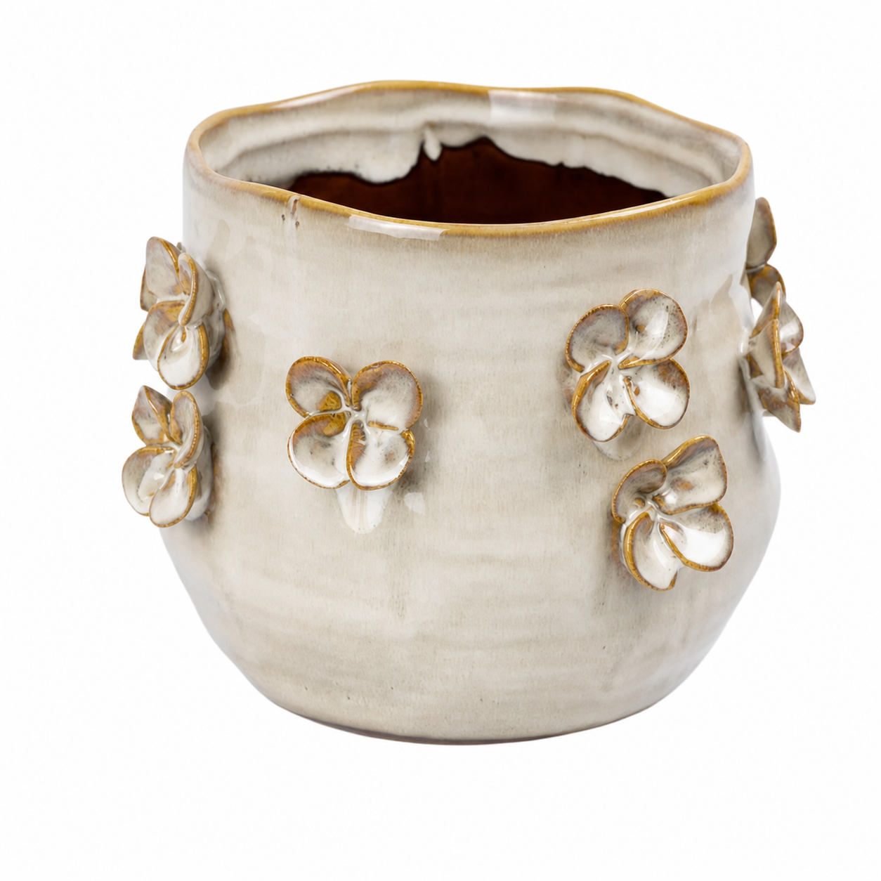 83525 - VASO EM CERAMICA BEGE COM MARROM E BORBOLETAS G