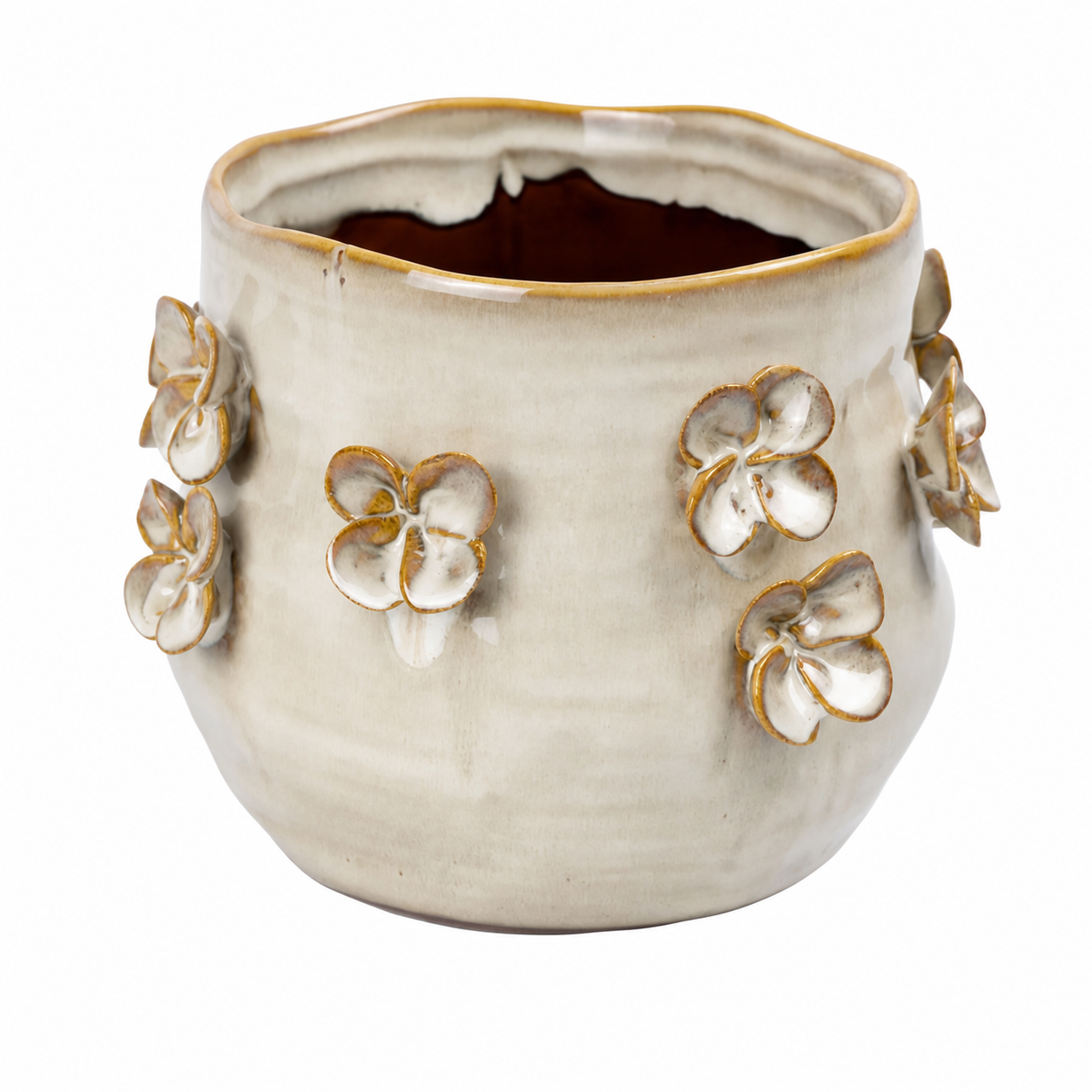 83523 - VASO EM CERAMICA BEGE COM MARROM E BORBOLETAS P