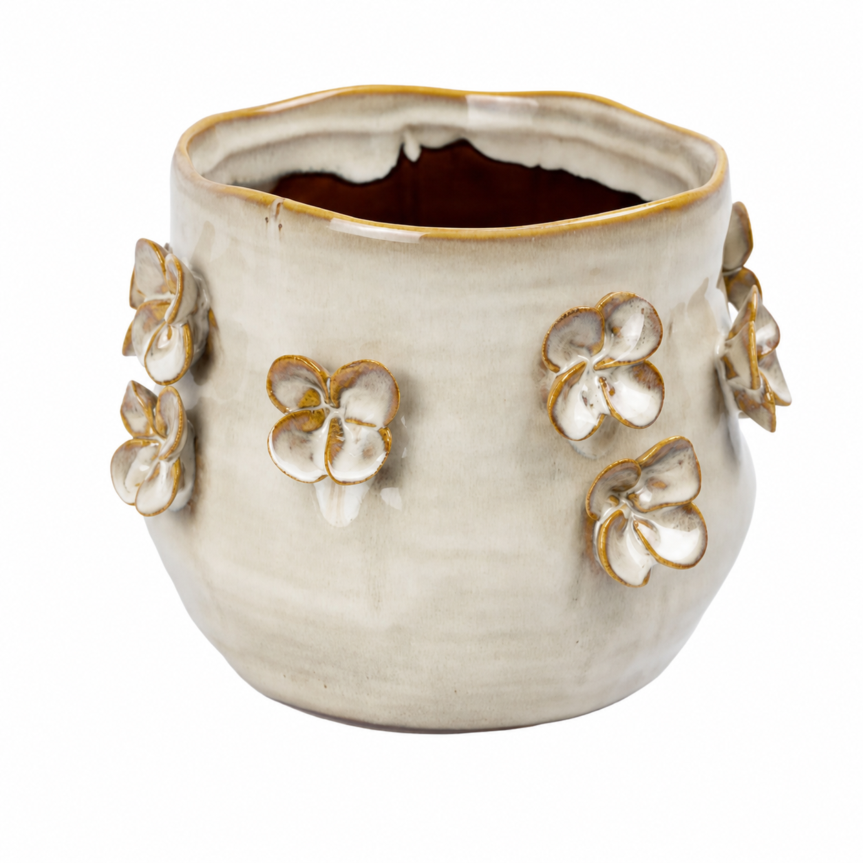83524 - VASO EM CERAMICA BEGE COM MARROM E BORBOLETAS M