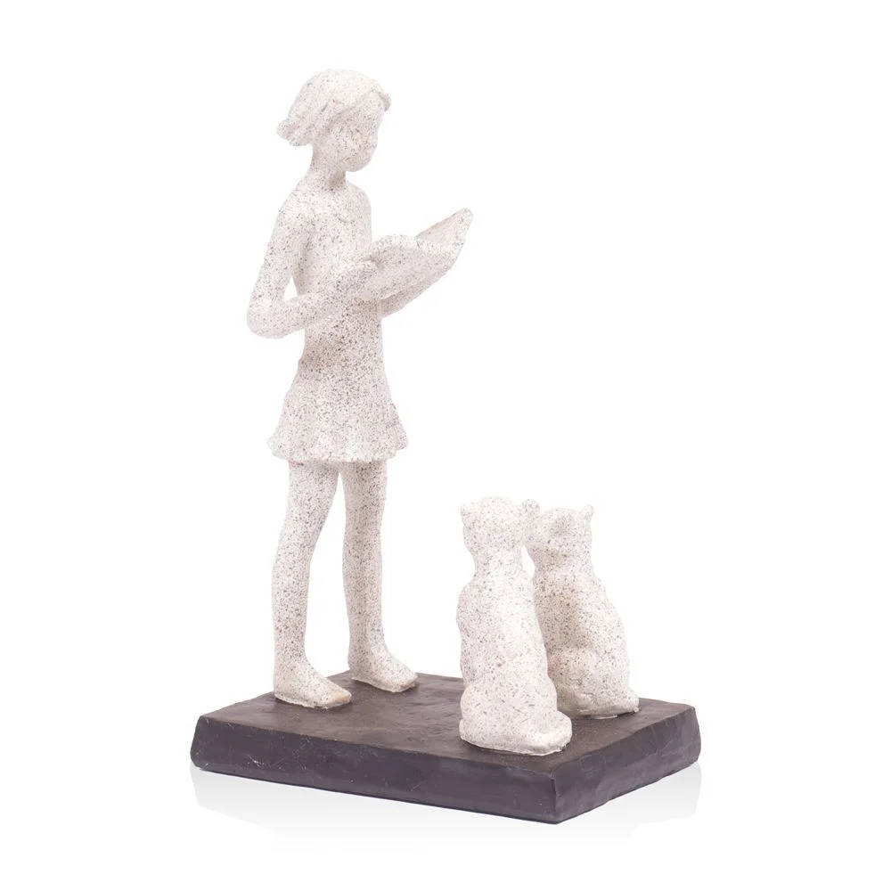 21759 ESCULTURA PO DE PEDRA MULHER LIVRO E 2 GATOS