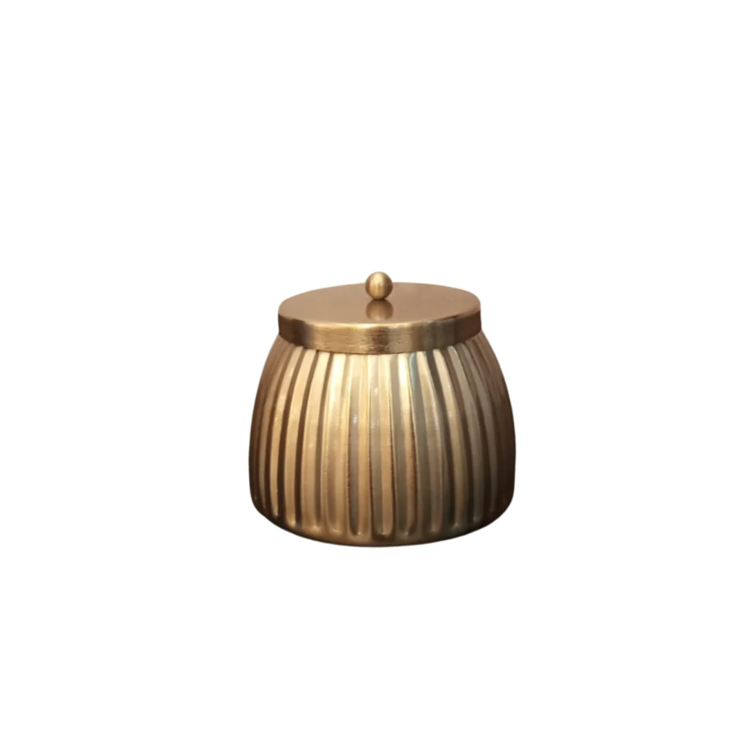 22548 CAIXA METAL REDONDA COM LISTRAS 10X10X8CM