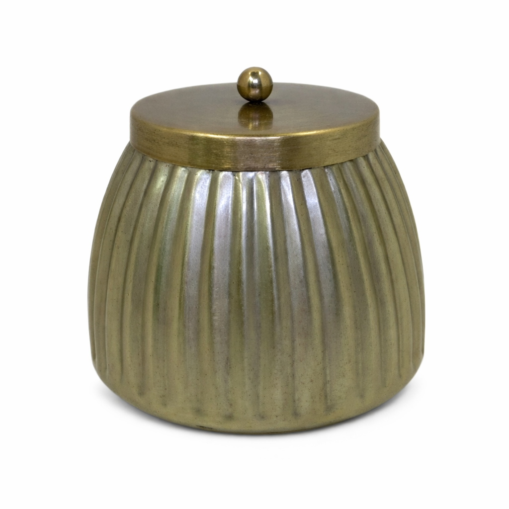 22549 CAIXA METAL REDONDA COM LISTRAS 12X12X10CM