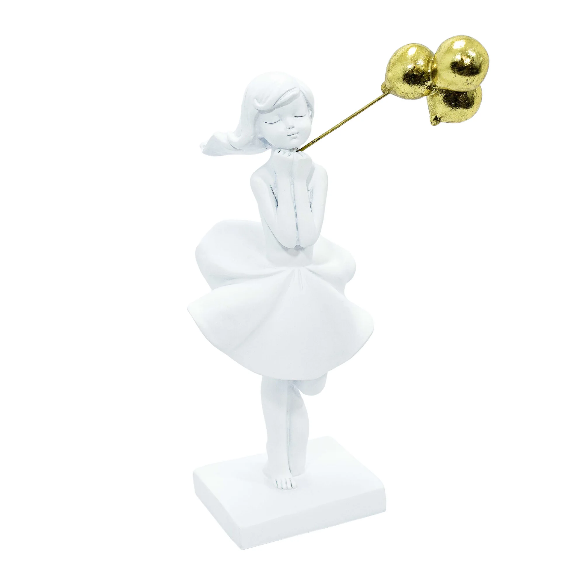 71102 - ESCULTURA EM RESINA BRANCA MENINA COM BALAO DOURADO