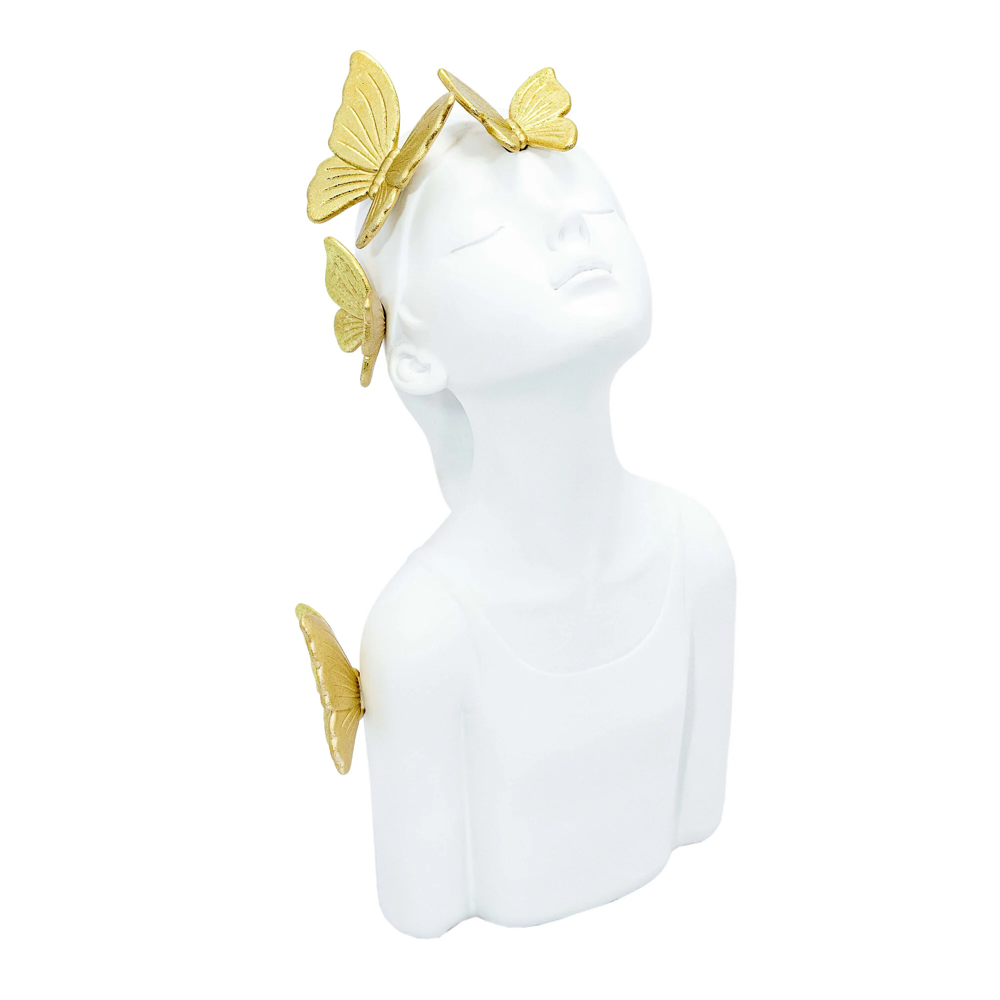 71110 - ESCULTURA EM RESINA BRANCA MENINA COM BORBOLETAS DOURADAS