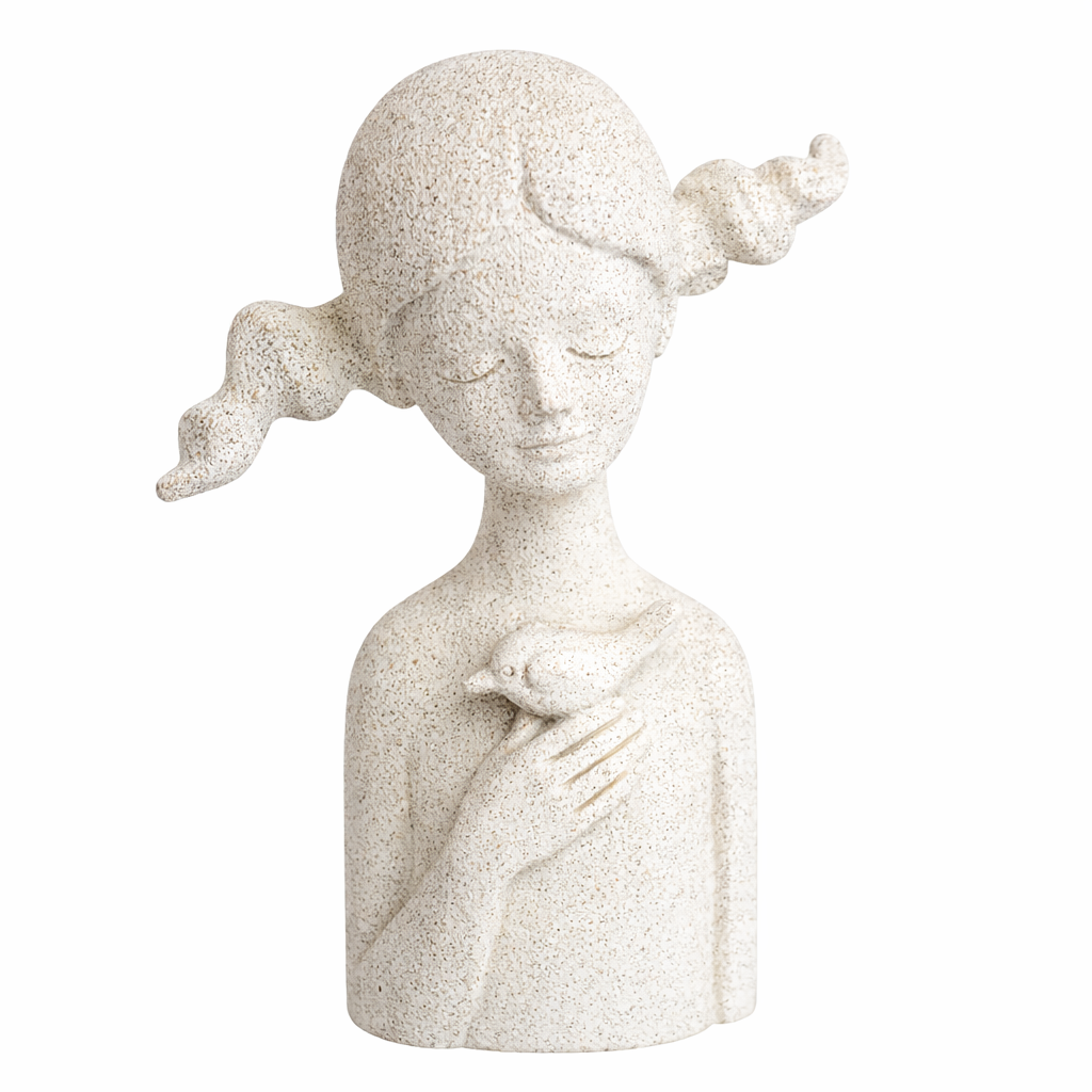 72612 - ESCULTURA MENINA COM PASSAROS EM RESINA BRANCO