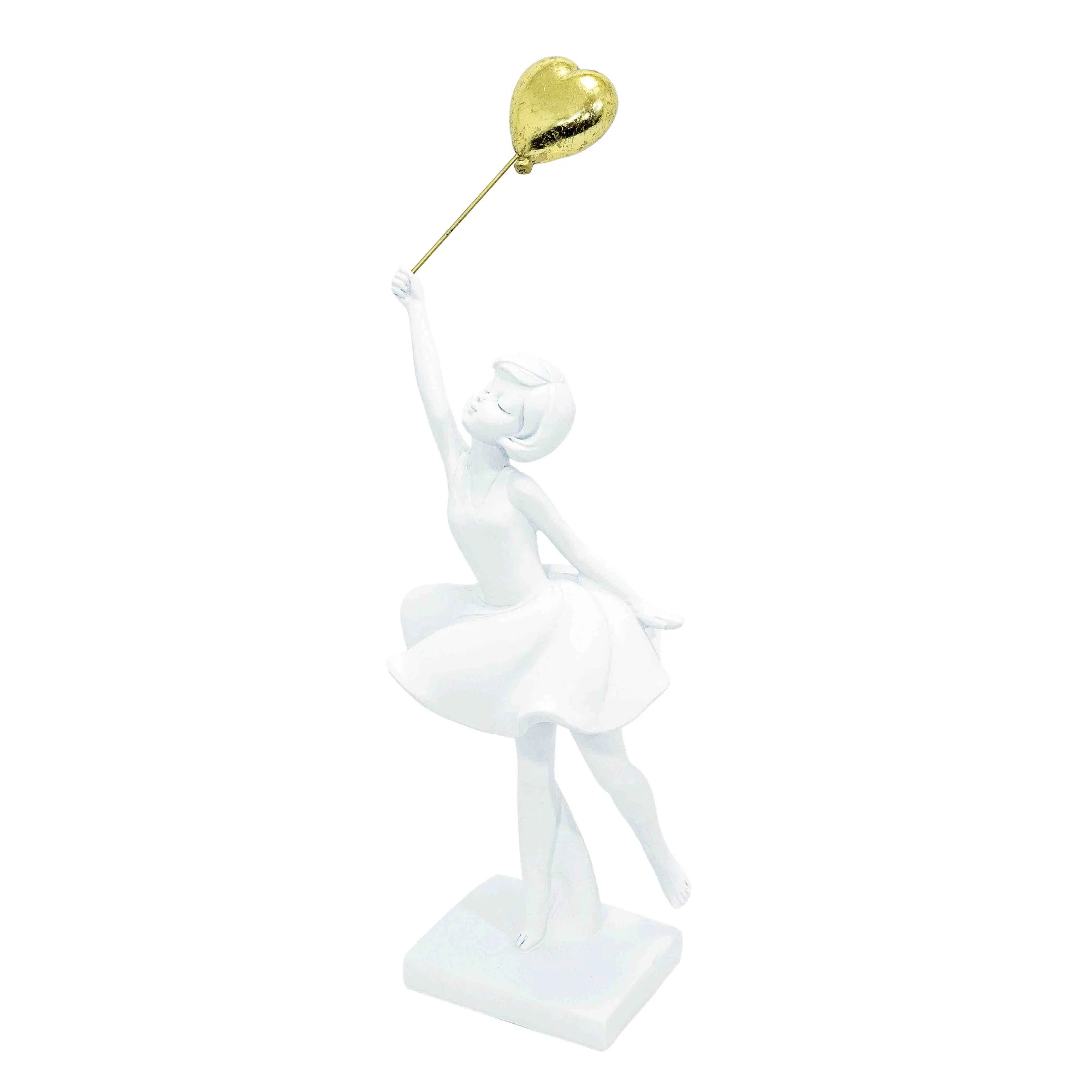 71101 - ESCULTURA EM RESINA BRANCA MENINA COM BALAO DOURADO