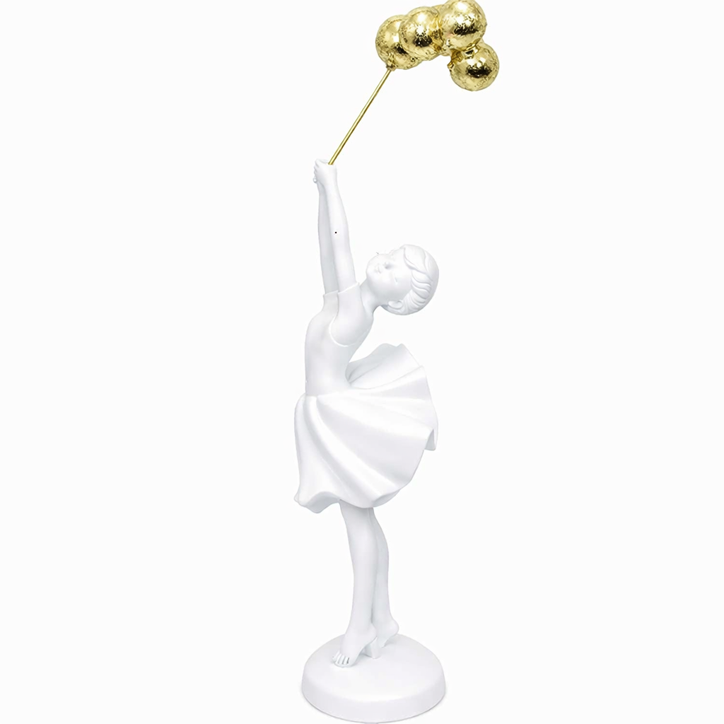 71100 - ESCULTURA EM RESINA BRANCA MENINA COM BALAO DOURADO