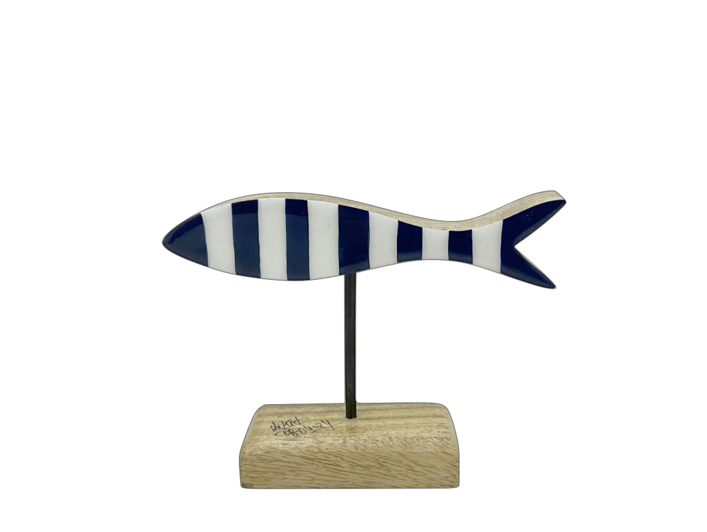 22957 ESCULTURA PEIXE EM MADEIRA LISTRADA COM BASE