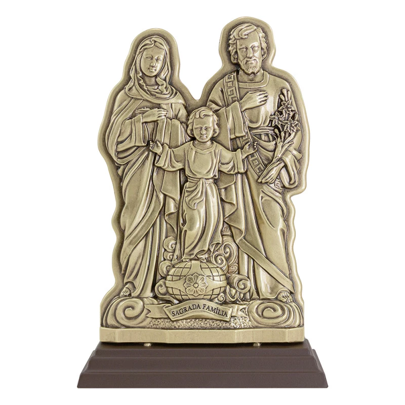 Adorno da Sagrada Familia com Oracao Metal Ouro Velho e Acrilico 20cm OURO VELHO